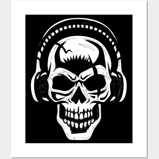 ☠ Skull with Headphones ☠ Abstract Tribal Tattoo Style WHITE Posters and Art